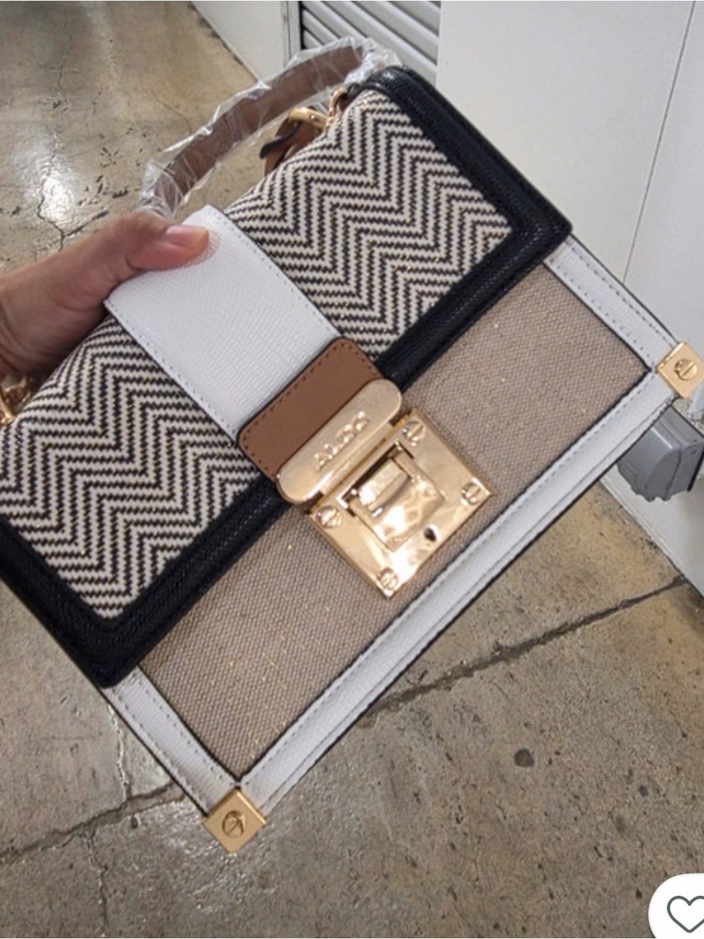 Aldo White, Black & Tan Colorblock Satchel with Gold Hardware